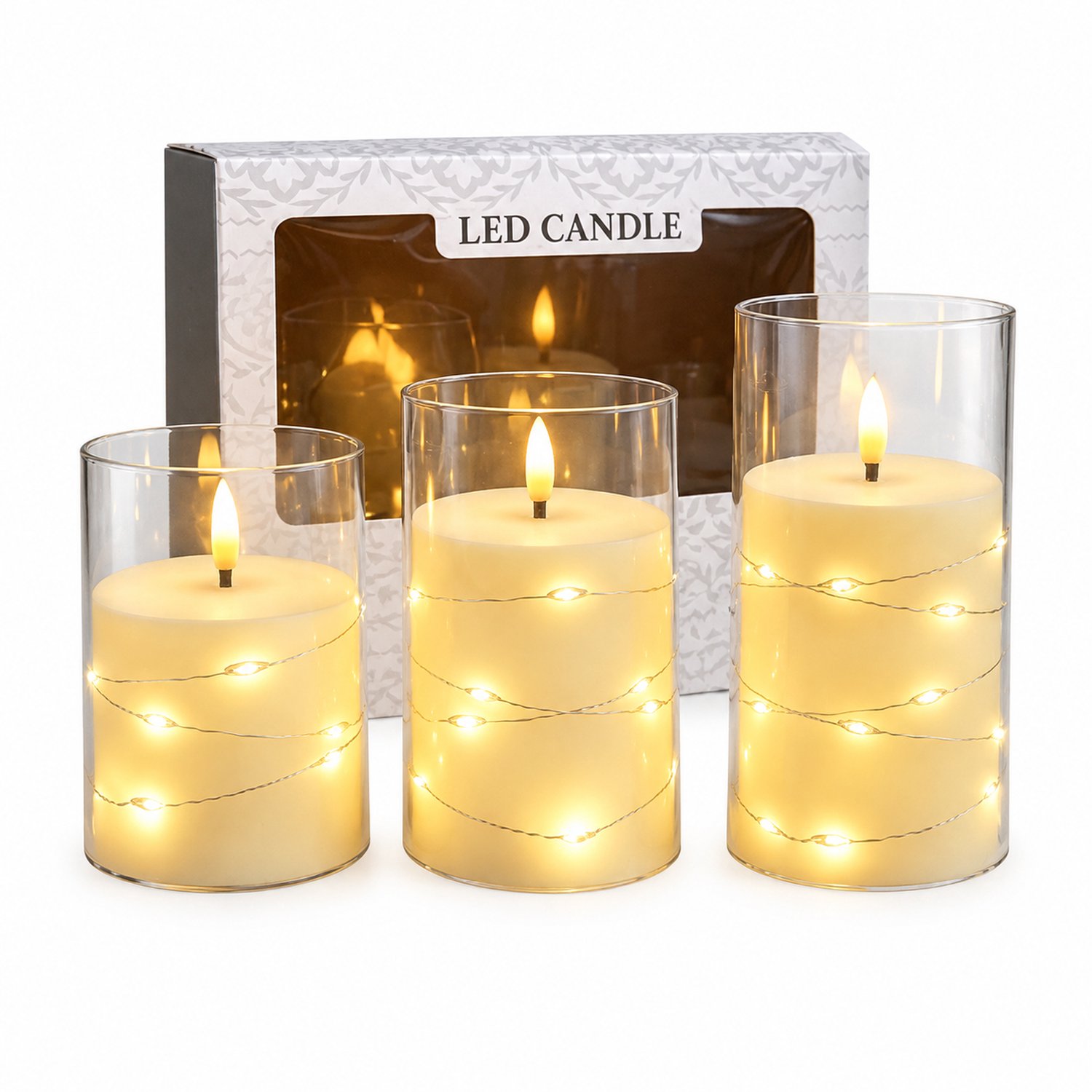 SWGOTA led kaarsen, set van 3 met warm licht, kogelvormige vlam en decoratief lichtsnoer, transparante cilindervorm, in kleurendoos, zonder batterijen Bruin