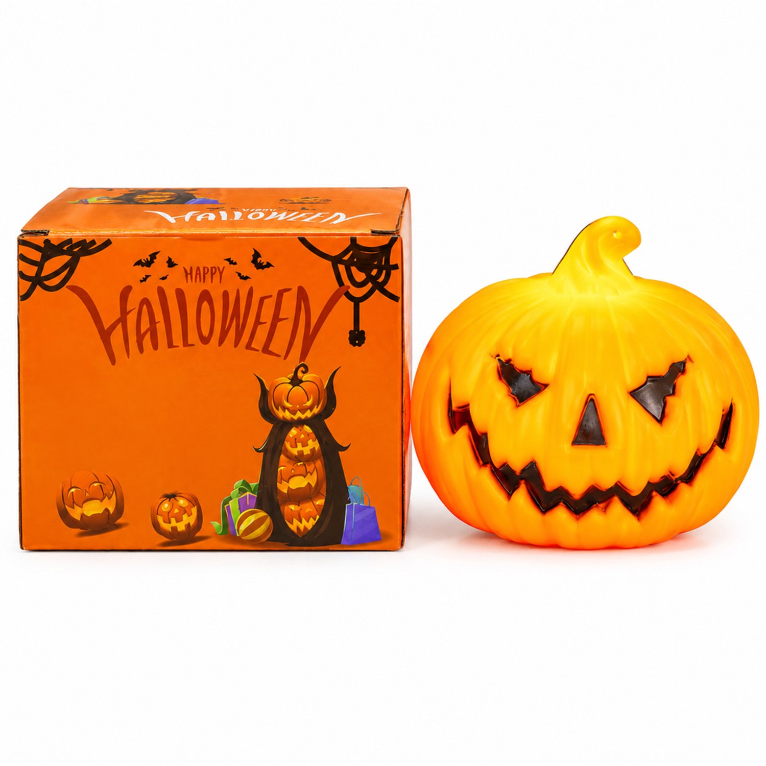 SWGOTA LED-pompoenlamp voor Halloween, groot, 1 stuk, kunststof met pompoengezicht, ca. 13 x 12,2 x 10,1 cm, in bedrukte doos Oranje