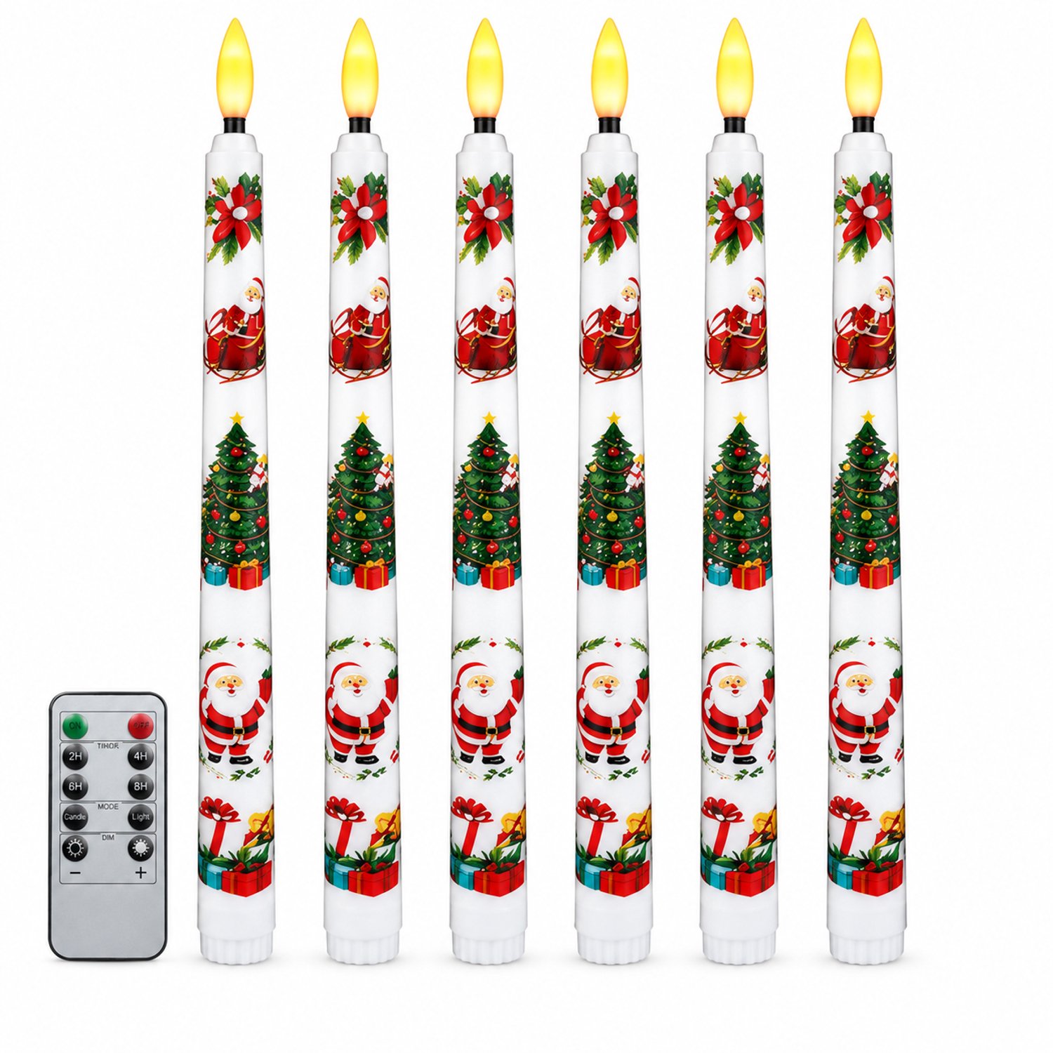 SWGOTA led kaarsen, 6 stuks met kerstprints, warm licht en afstandsbediening, 27 cm hoog en 2,2 cm diameter, zonder batterijen Wit