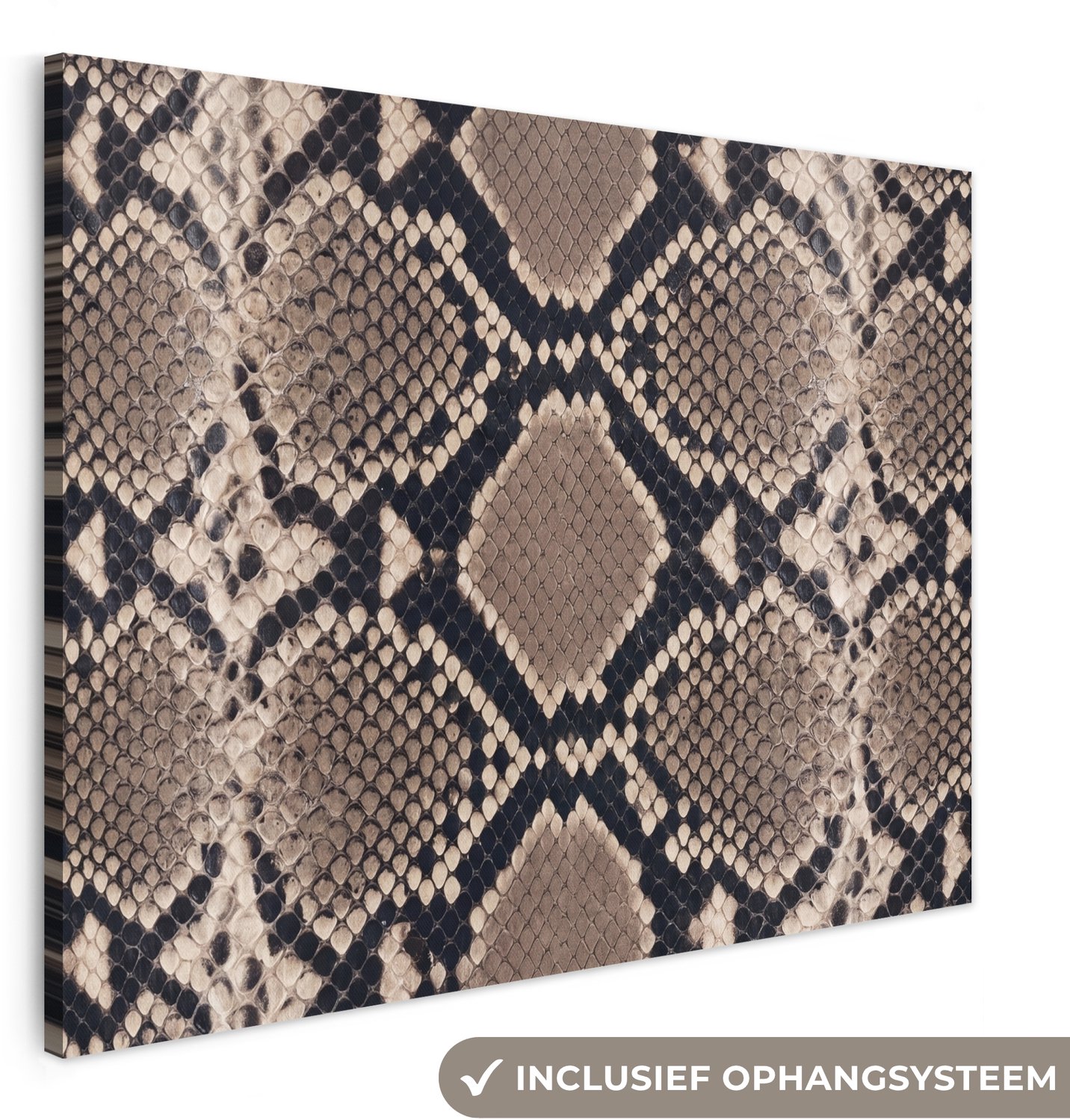 Canvas schilderij 160x120 cm - Exclusieve wanddecoratie Slangenprint - Python - Bruin - Muurdecoratie woonkamer - Slaapkamer decoratie - Kamer accessoires - Schilderijen op canvas groot XXL