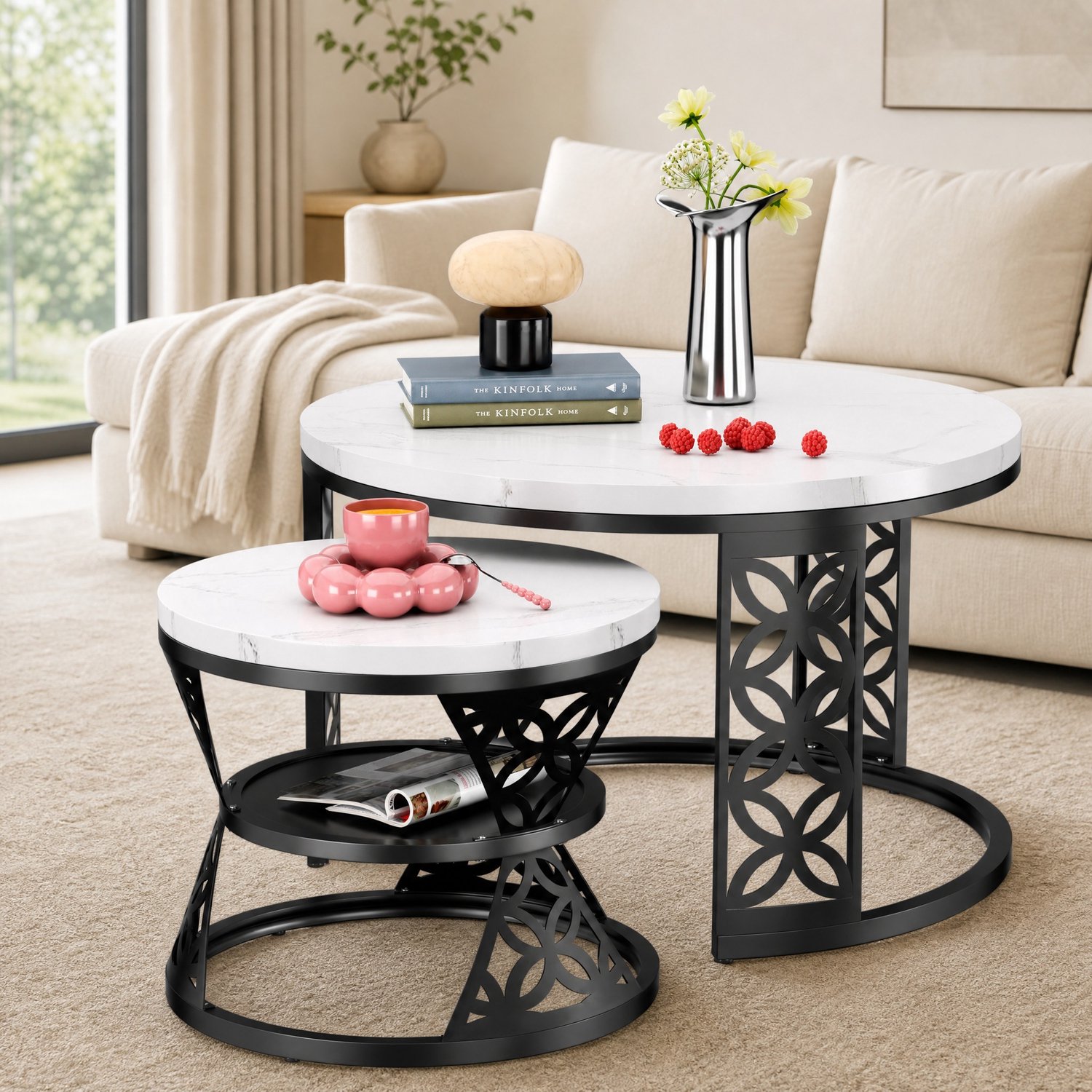 MIVRAY Hoogglans Salontafel Set Van 2 - Rond Marmerlook MDF Tafelblad - Metaal Frame - Modern Stapelbaar - 70×70×45 & 45×45×37 Cm - Wit En Zwart Wit + Zwart