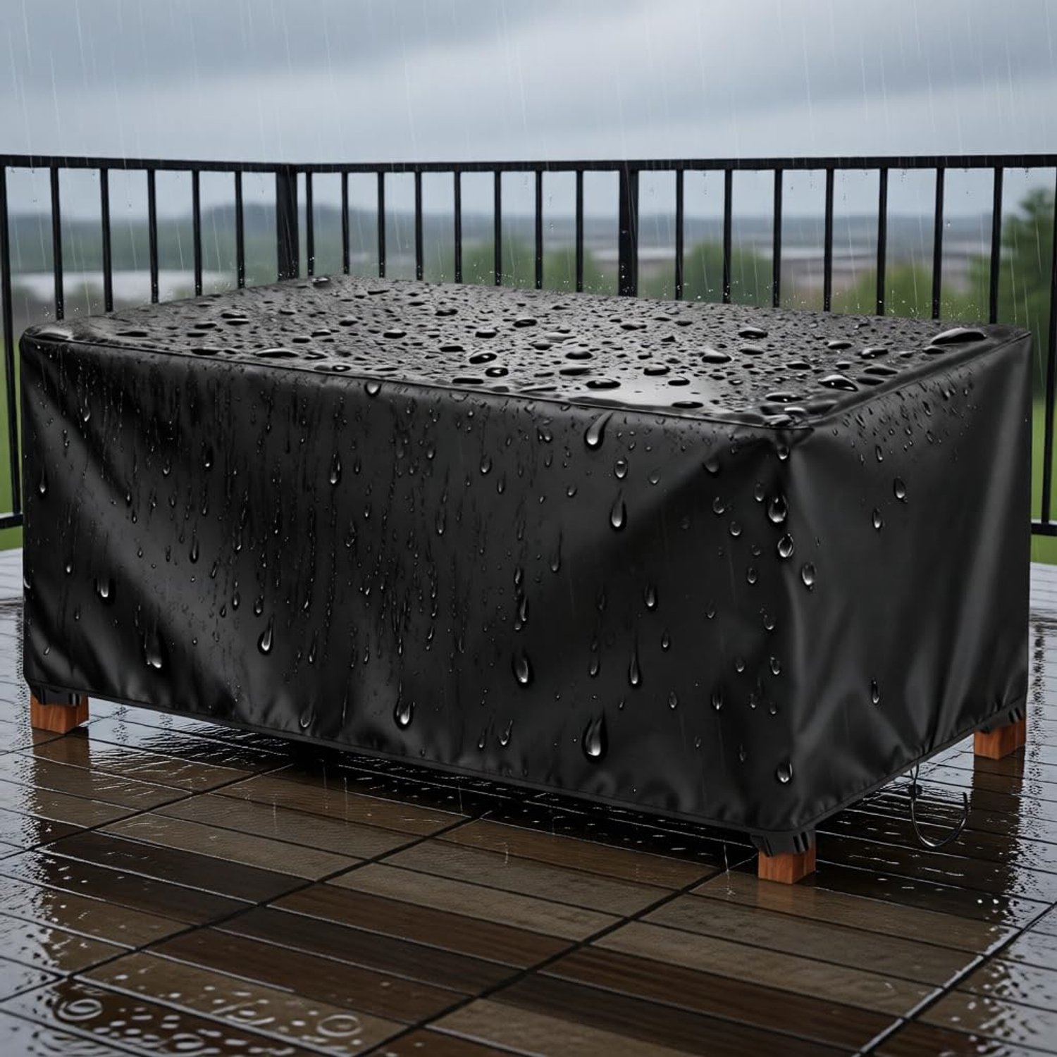 Famanu Beschermhoes voor tuinmeubelen, waterbestendig polyester, 270 x 130 x 85 cm, geschikt voor rechthoekige tafels en stoelen, ideaal voor rotan sofa's, houdt meubels droog en schoon in weer en wind, kleur zwart