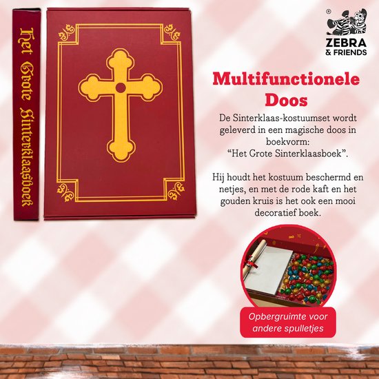 Rode opbergdoos in boekvorm met gouden kruis en titel Het Grote Sinterklaasboek.
