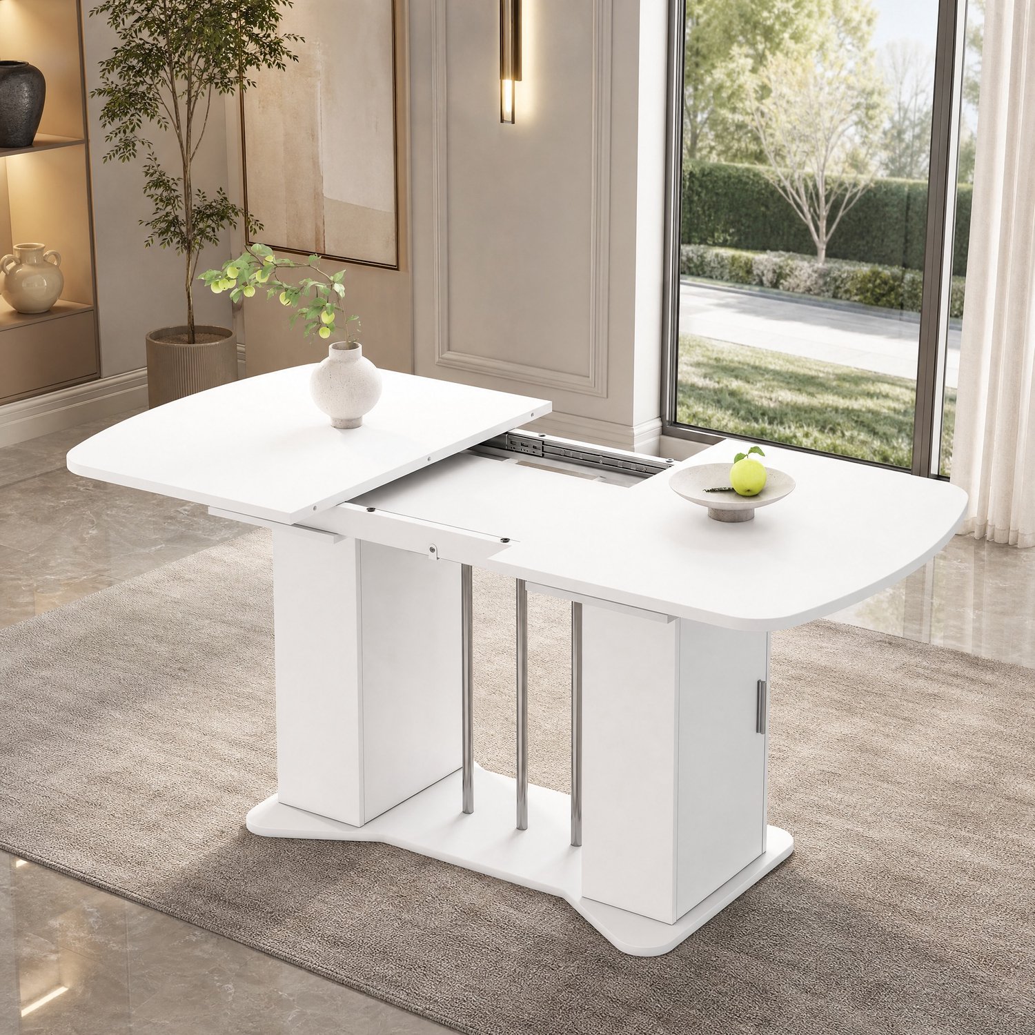 MIVRAY Eettafel - Uitschuifbaar Met Opbergruimte - Voor 4 Tot 6 Personen In Eetkamer - MDF Wit Met Zilverkleurige Poten