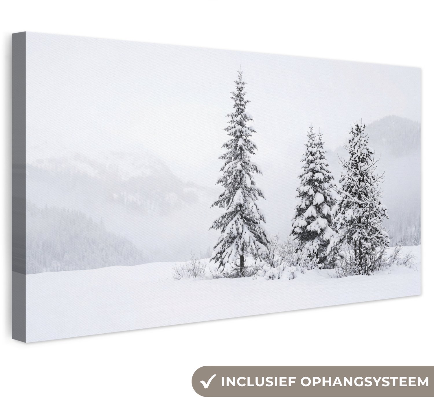 Canvas schilderij 60x30 cm - Exclusieve wanddecoratie Fijnsparren - Sneeuw - Winter - Landschap - Stilte - Muurdecoratie woonkamer - Slaapkamer decoratie - Kamer accessoires - Schilderijen op canvas