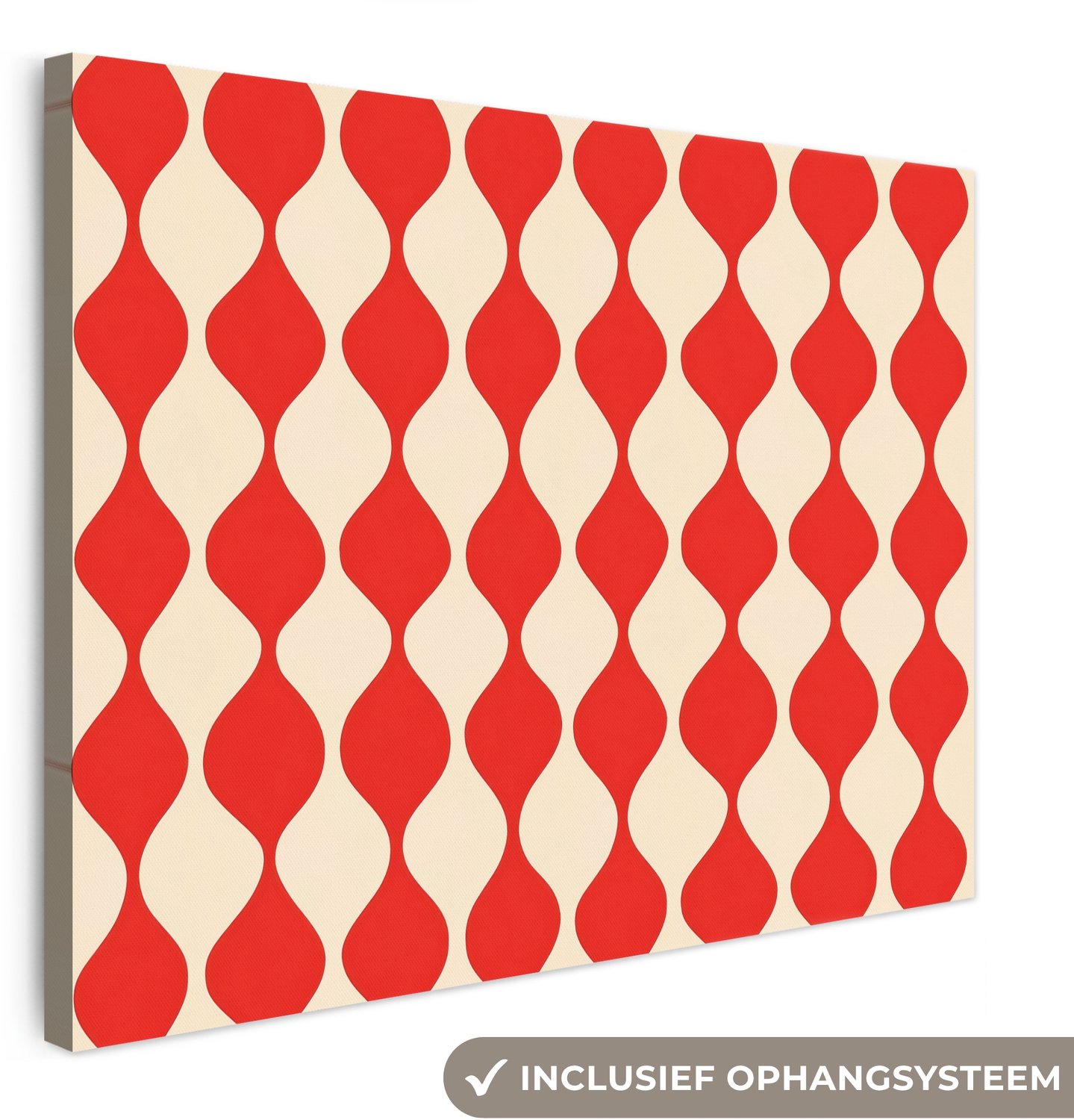 Canvas schilderij 100x70 cm - Exclusieve wanddecoratie Golvend patroon - Retro - Rood - Beige - Muurdecoratie woonkamer - Slaapkamer decoratie - Kamer accessoires - Schilderijen op canvas