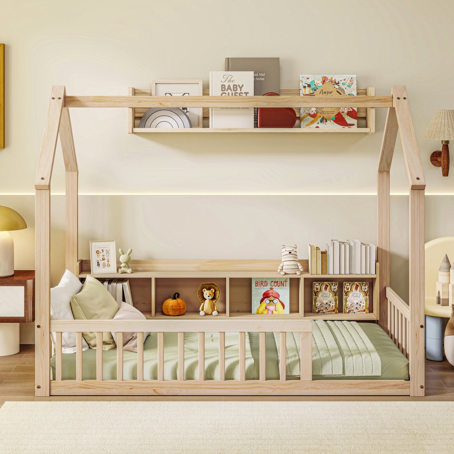 Wishdor Kinderbed 90x200 cm - Huisbed met dakframe en veiligheidshekken - Vier ingebouwde opbergvakken - Lage instap - Kinderkamer - Grenenhout en MDF - Naturel