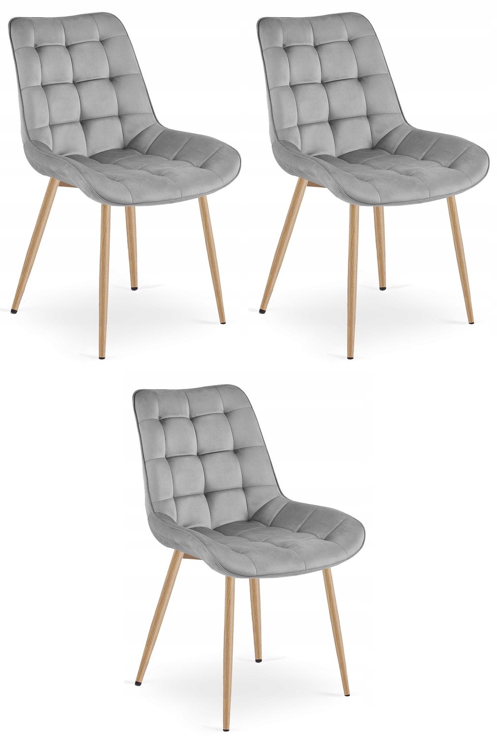 Oskar Set van 3 Eetkamerstoelen BERA – Lichtgrijs Velvet / Fluweel – Gestoffeerde Zitting – Metalen Poten in Eikenlook – Modern Scandinavisch Design – Voor Eetkamer, Keuken en Woonkamer