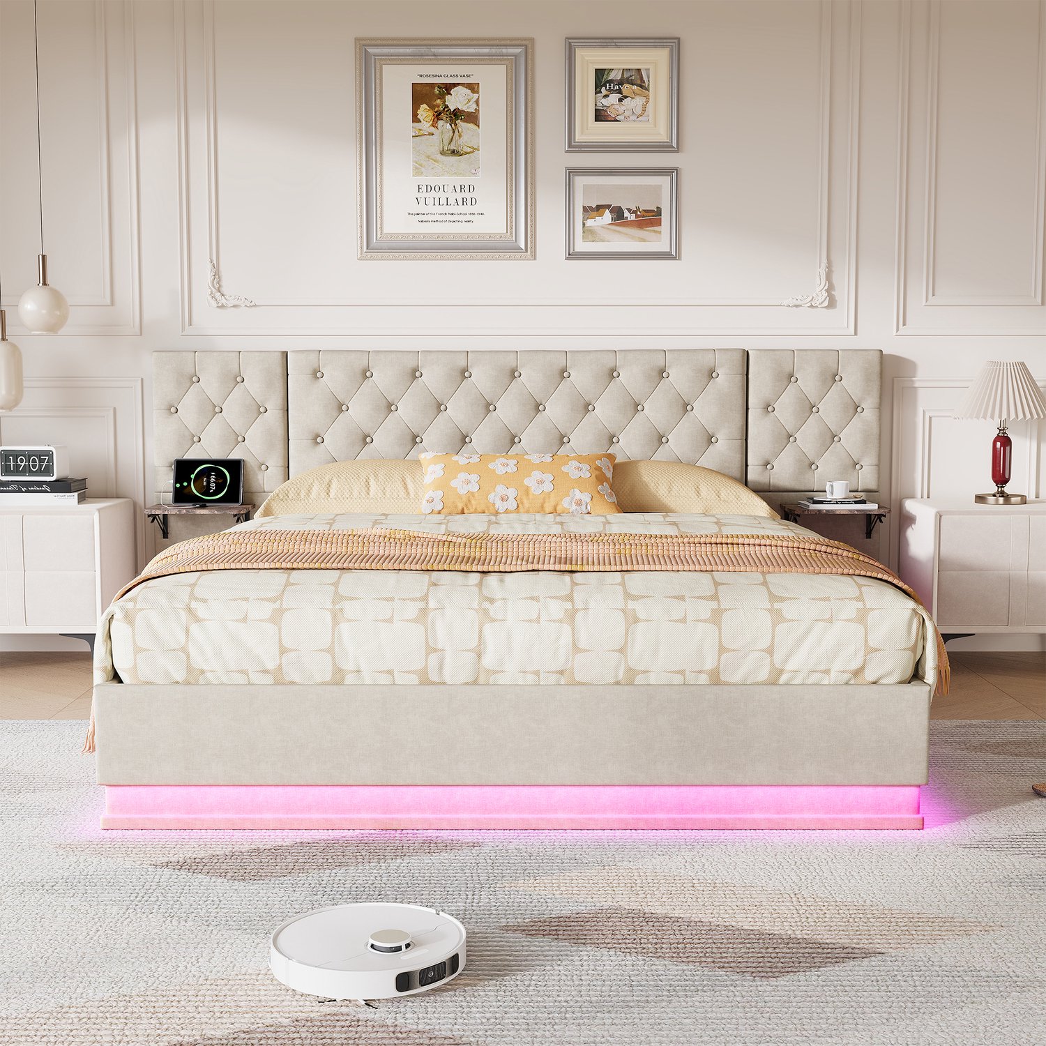 Yelenaro Gestoffeerd bed 140x200 met LED en USB, Hydraulisches Tweepersoons bed met Breed Hoofdeinde en Lattenbodem, Jeugdbed met 2 Opbergladen, Linnen Beige
