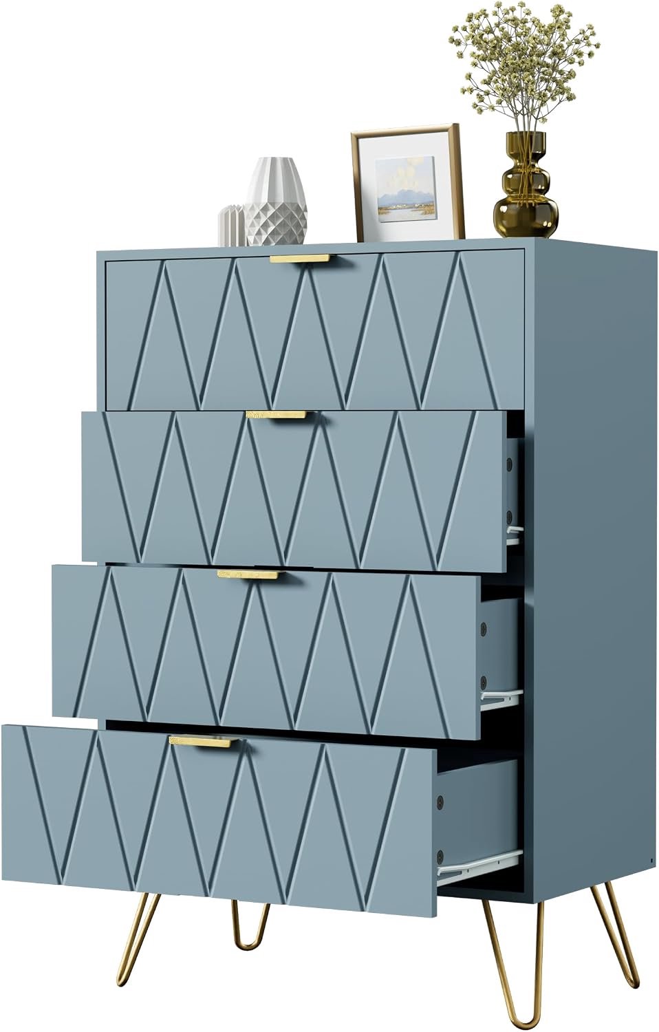 UEV Commode 4 Tiroirs, Meuble de Rangement, 60 x 34 x 91 cm, Bleu Gris Blauw
