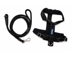 Hondenriem handsfree hardlopen joggen achter kinderwagen - riem met harnas tuigje hond met handsfree riem – Zwart - maat XXS
