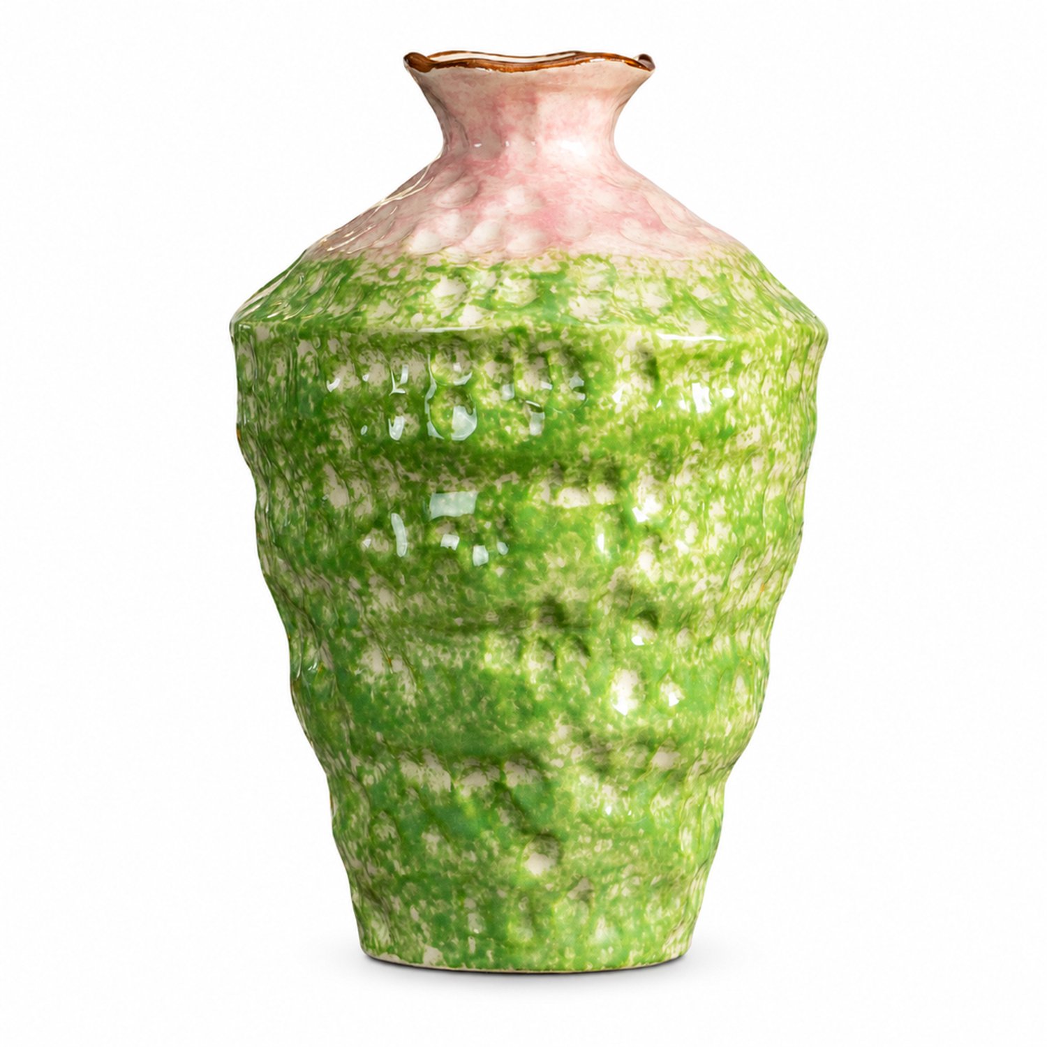 SWGOTA Grote keramische vaas, 28,5 cm hoog - groen-roze-wit glazuur met golvende rand voor bloemen en interieurdecoratie
