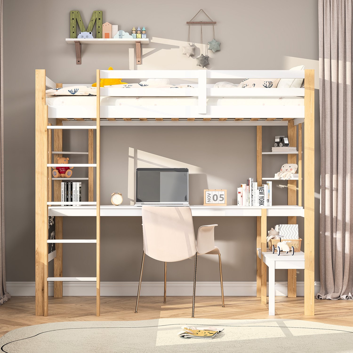 Solvenrik Hoogslaper 90x200 cm met Bureau en Boekenkast – Houten Kinderbed met Ladder en Uitvalbeveiliging – Multifunctioneel Bed voor de Kinderkamer Wit