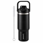 Lynoxa Thermosbeker - 1L - Thermosfles & Drinkfles met Rietje - RVS 304 - Lekvrij Zwart