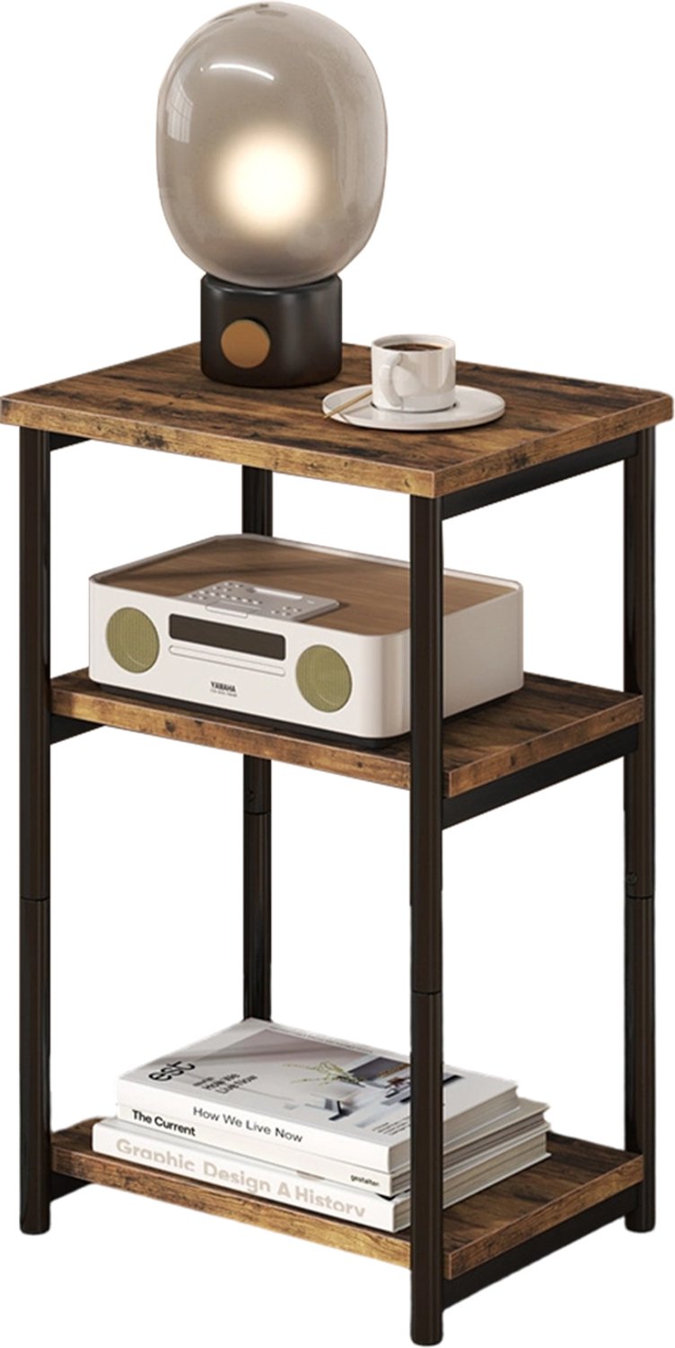 Triumpunpre Smal Bijzettafel / Sidetable 3-Lagen - Klein Tafeltje & Tafel naast het Bed met Open Opbergruimte & Verstelbare Voetjes - 46 x 20 x 63 cm - Natuurlijke Houtlook & Zwart Metalen Frame - Voor Woonkamer & Slaapkamer