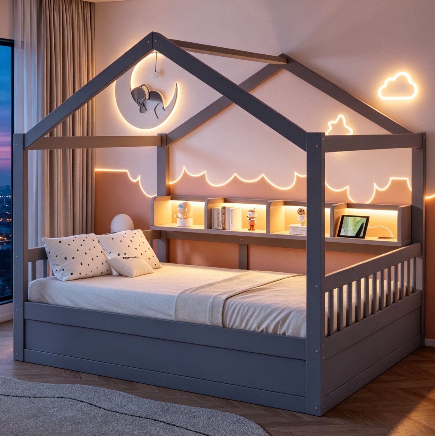 MIVRAY Huisbed 140x200 cm - Bed met Dakframe en Hekjes - Hydraulische Opbergruimte en Verlichting - voor Kinderkamer - Hout - Grijs - Matras Onbekend