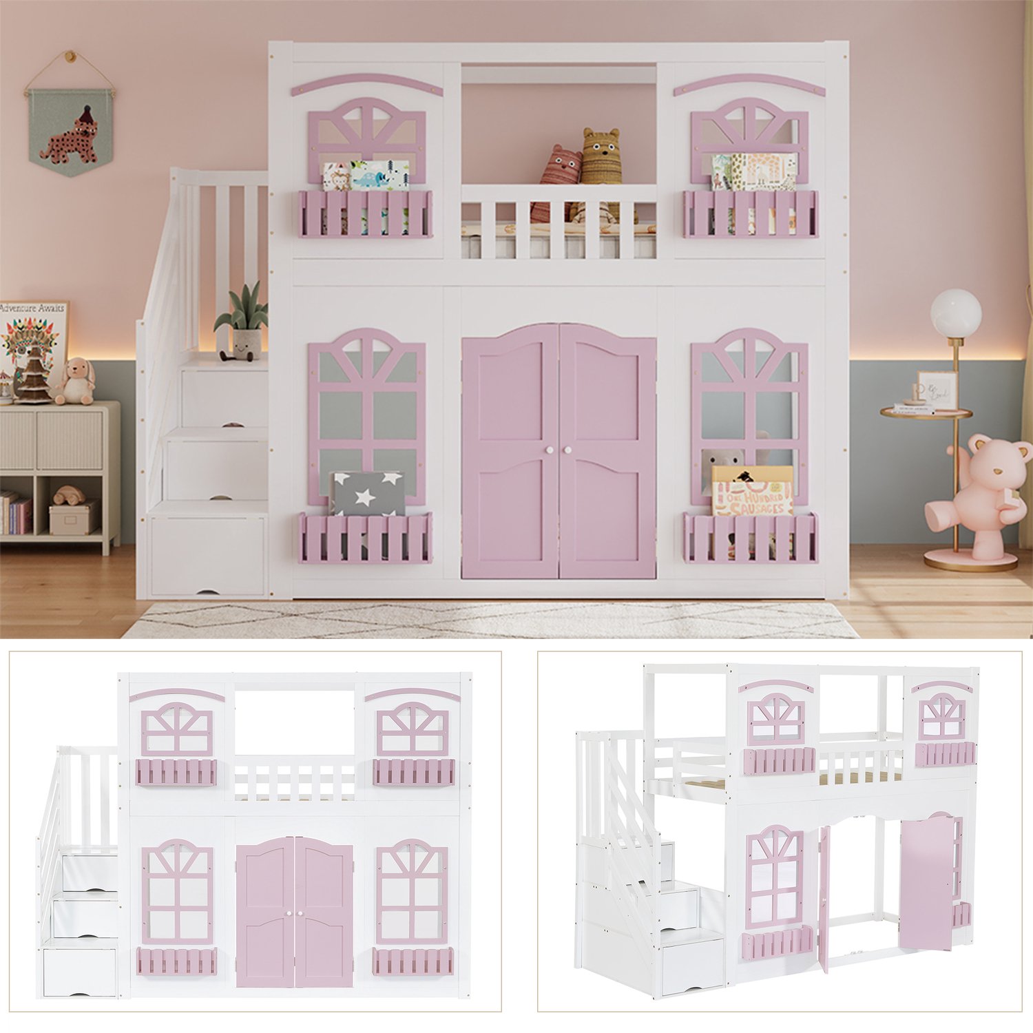 Lemlit Hoogslaper Kinderbed 90 x 200 cm, Huisbed met Acrylramen, Opbergtrede en Speelruimte met Opklapbare Deur, Wit en Roze