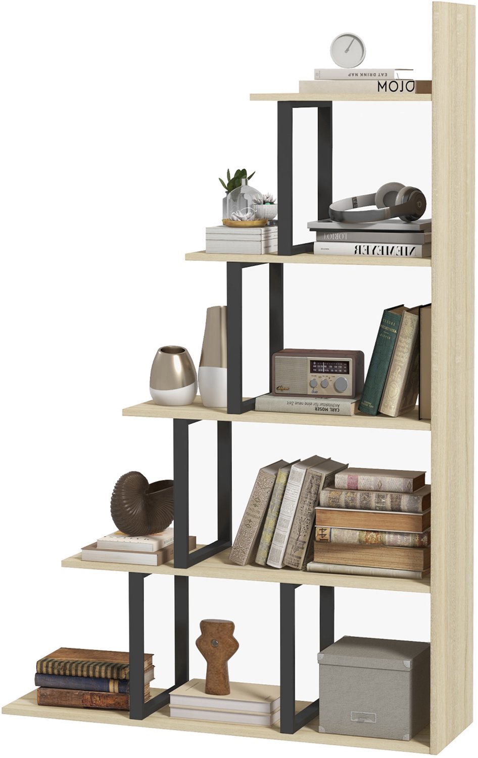 Lunpog Industriële stijl trapsgewijze boekenkast/kamerverdeler met 5 planken, 102 x 30 x 160 cm, eikenhout | Ruimteverdeler, trap, 5 planken, eikenkleur Natuurlijk hout