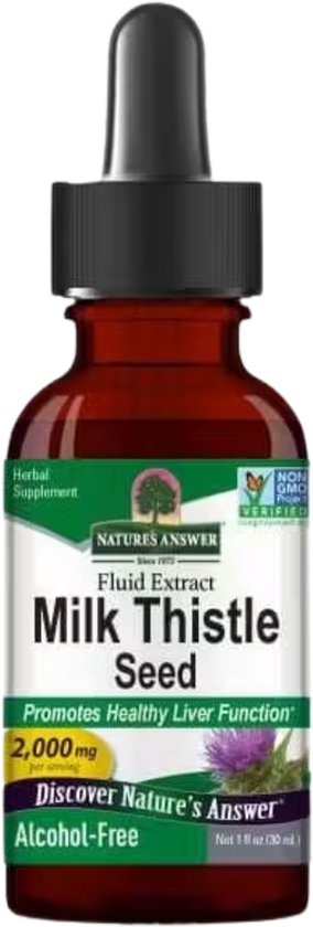 Amberkleurige glazen druppelfles Nature's Answer Milk Thistle Seed extract, 30 ml, alcoholvrij.