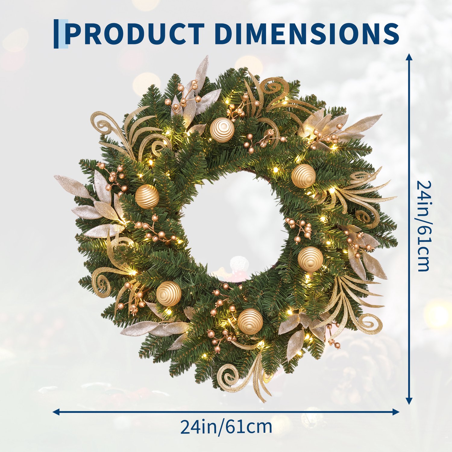Moderne Kerstkrans 60 cm – Met Gouden Bladeren, Diamantdecoratie & Glitterballen – 50 LED Lampjes – Realistische Dennennaalden – Voor Voordeur, Muur & Raam – Goud – foto 7