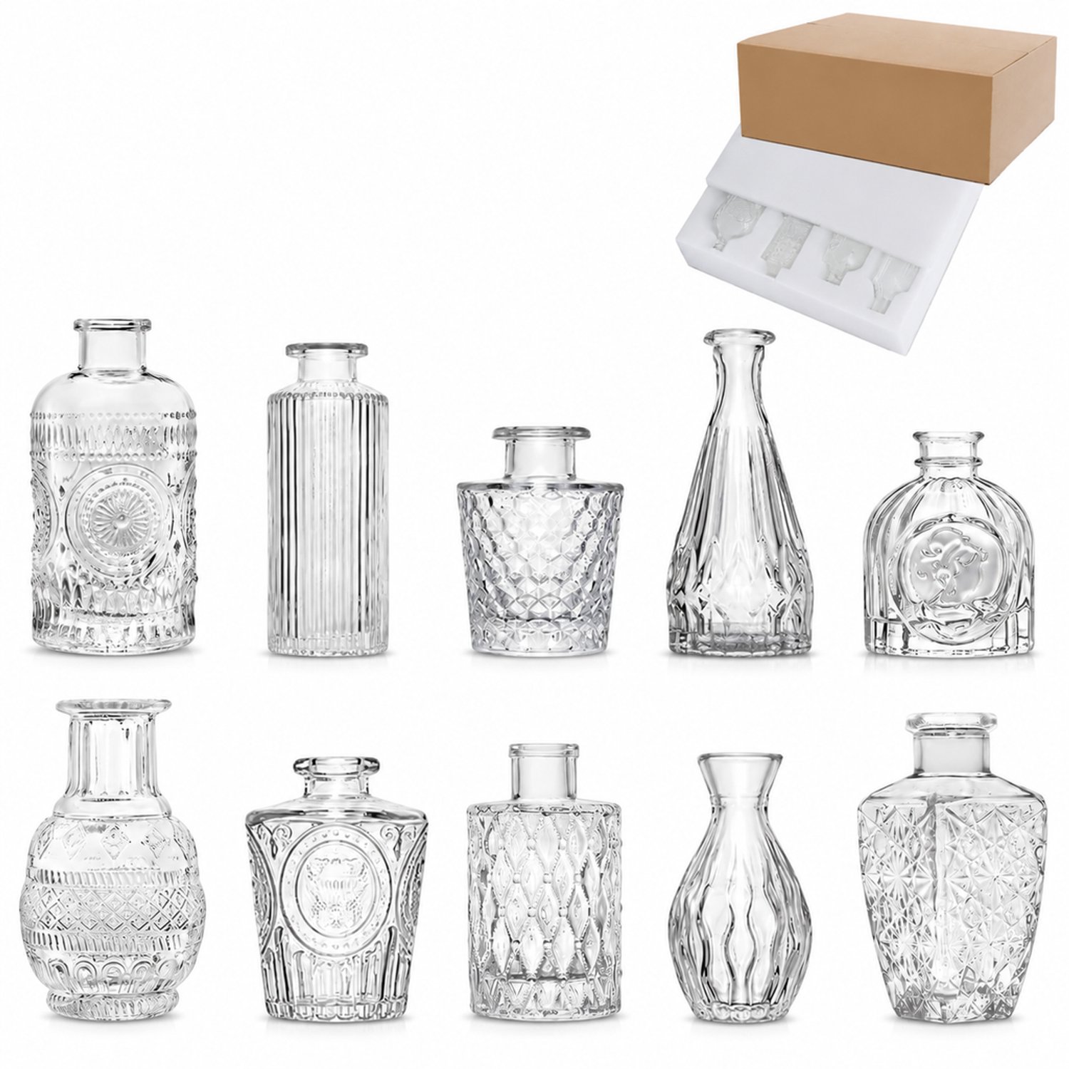 SWGOTA Transparante glazen vaasjes, set van 10 - diverse retro vormen en reliëfpatronen voor kunstbloemen - in kartonnen doos