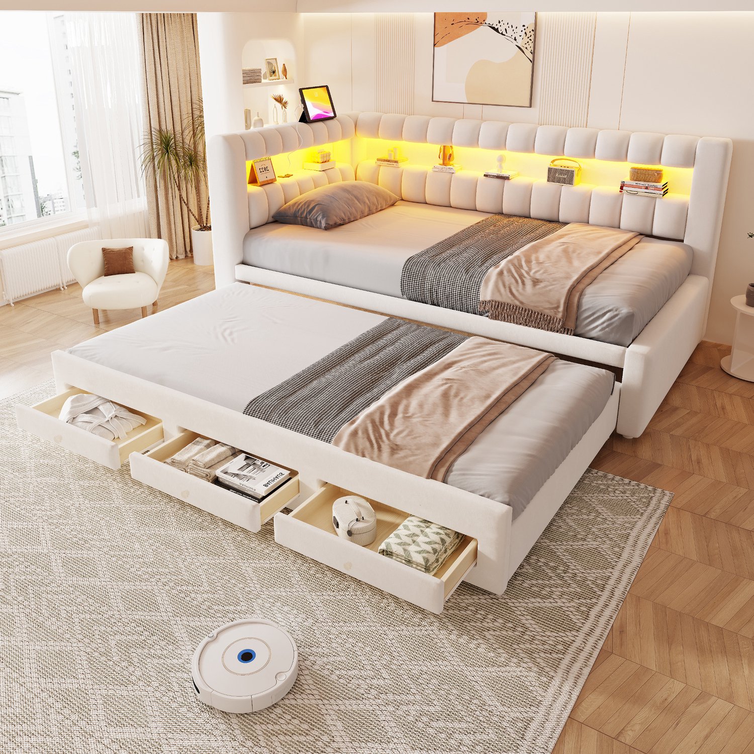 Clruro Gestoffeerde Bank - 90x190 cm - met Uitschuifbed - Lade en LED - Velvet - Beige