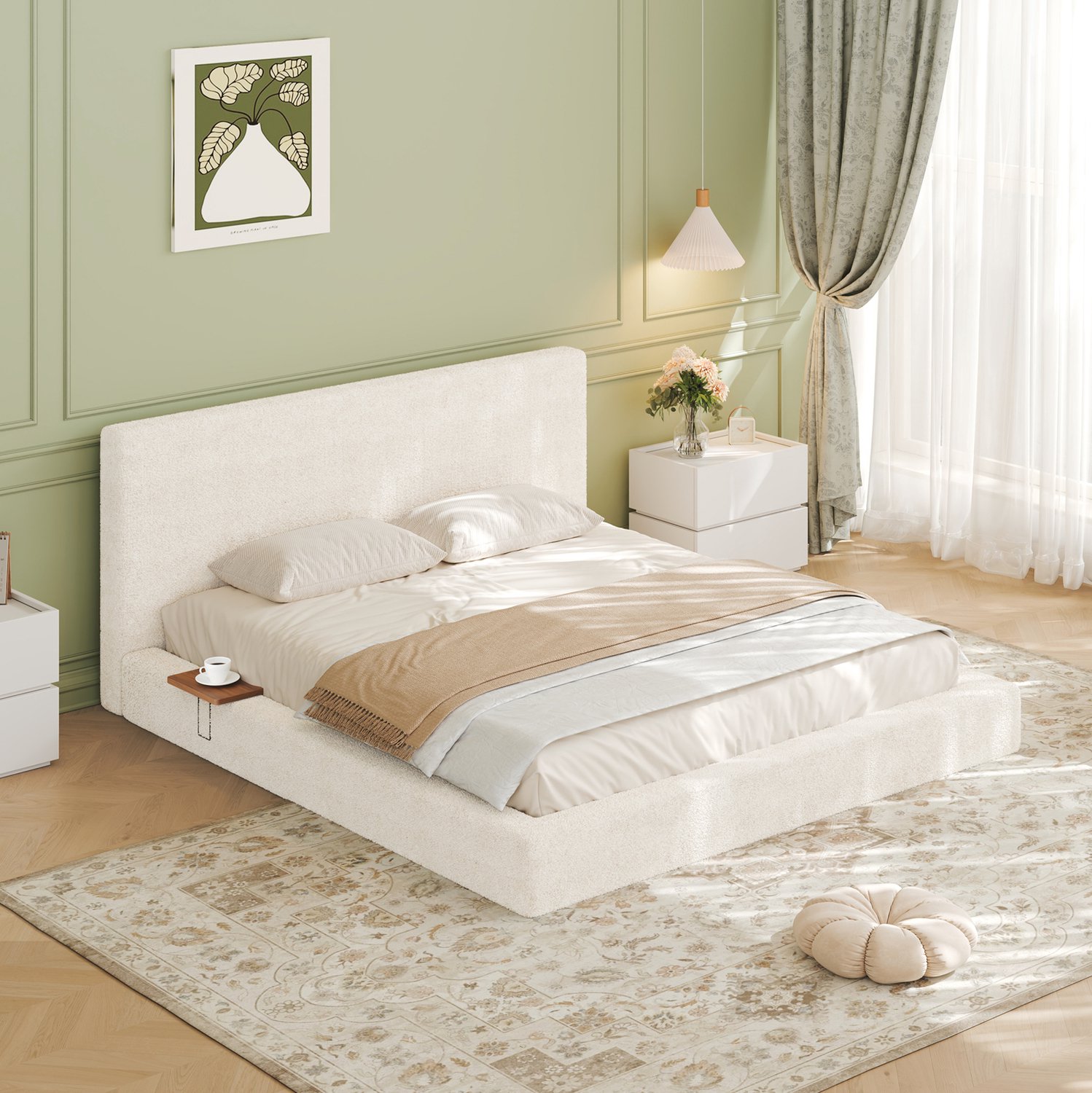 MODFU Bedframe - Gestoffeerd - Verschuifbare Houten Tafels - Crèmewit - 180 X 200 Cm Crème wit