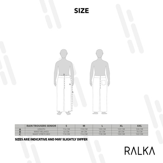 Maattabel voor Ralka regenbroek met lengte en tailleomvang in centimeters voor maten S tot XXL.