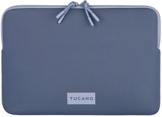 Blauwe laptophoes met dubbele ritssluiting en Tucano-logo.