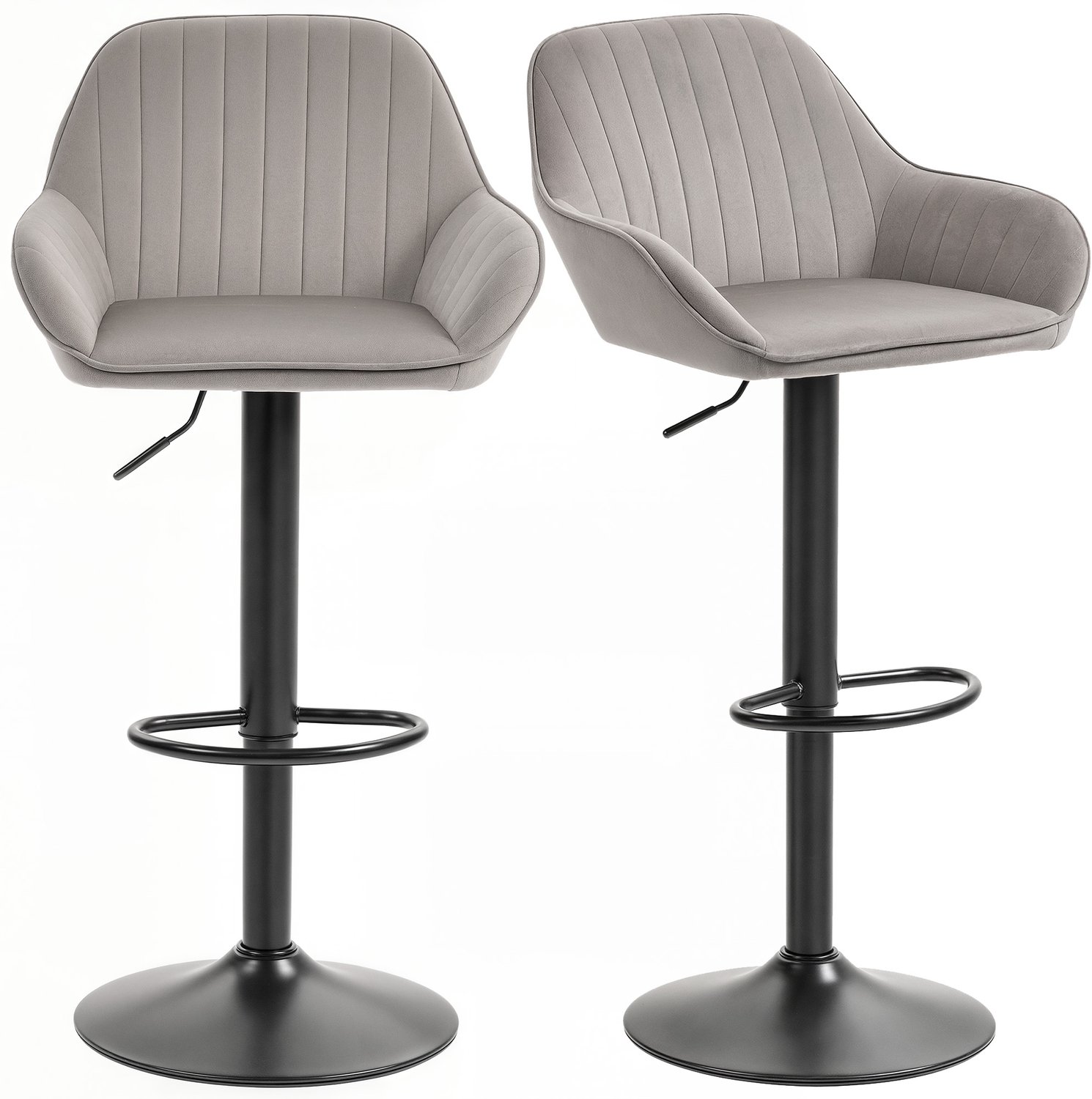 Lunpog Set van 2 barkrukken - barstoelen van fluweel met rugleuning - voetsteun - in hoogte verstelbaar en draaibaar - grijs Gris