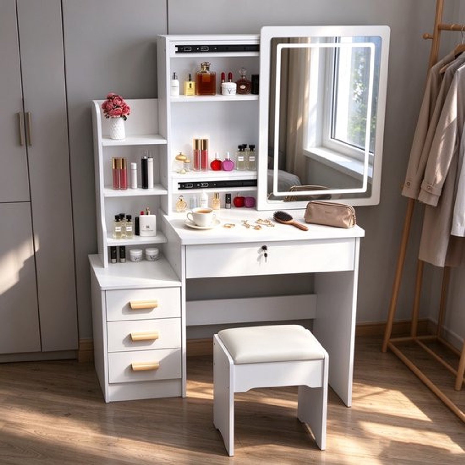 learnlogic Witte toilettafel met LED-verlichtte spiegel veel opbergruimte laden en bijbehorende kruk 80*36*125 cm