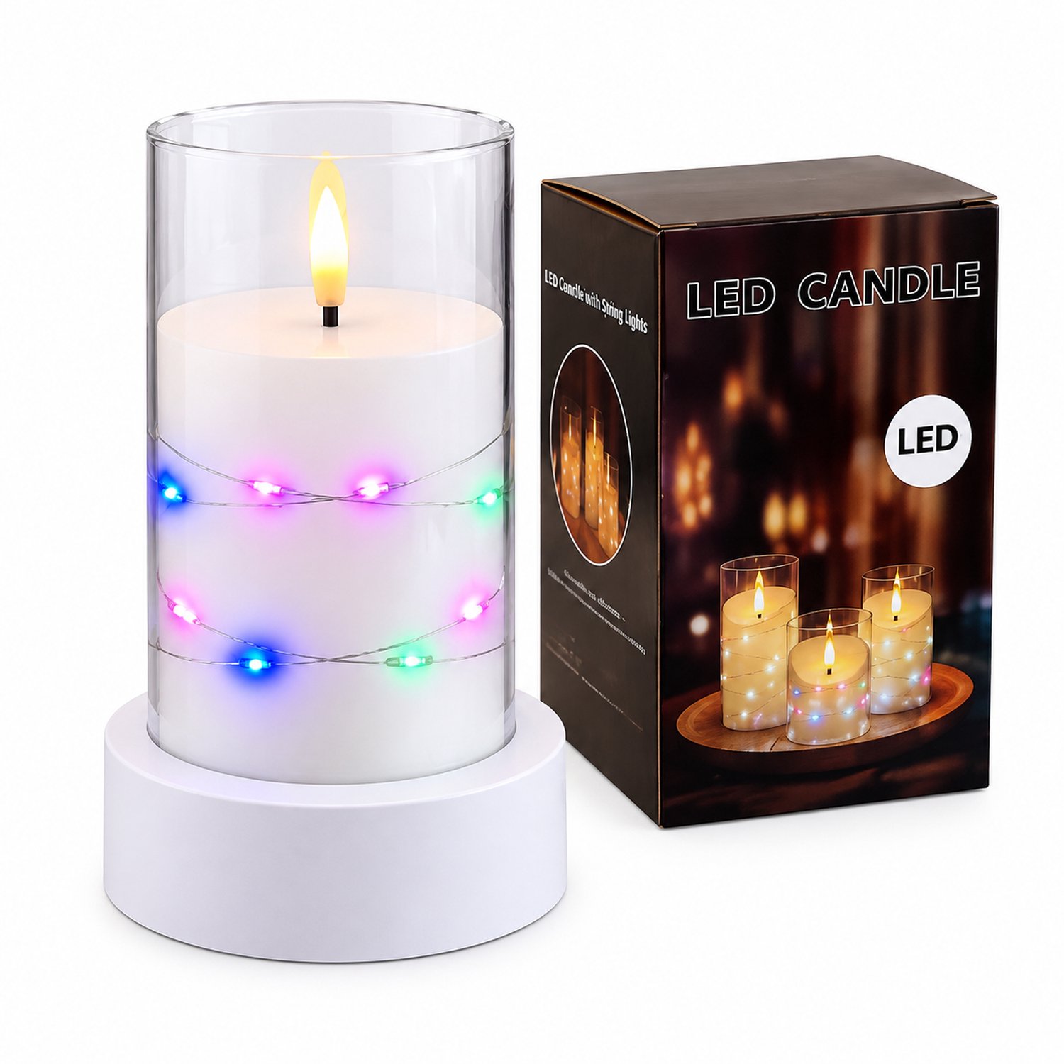 SWGOTA led kaarsen - 1 stuk, 7,5 x 12,5 cm, met gekleurde lichtslinger en vlakke bovenrand, kunststof, zonder batterijen Transparant