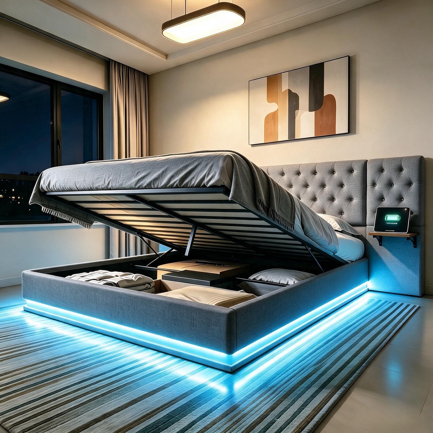 Mofor Gestoffeerd Opbergbed 160x200 cm met RGB LED-verlichting en Verlengd Hoofdbord - Lattenbodem - Linnen - Grijs