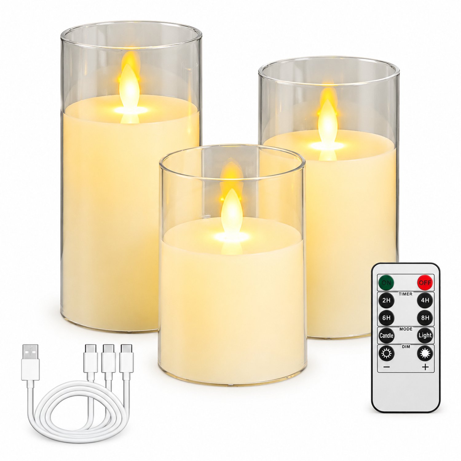 SWGOTA elektronische kaarsen, set van 3, oplaadbaar met afstandsbediening en bewegende vlam, transparante omhulsels, diameter 7,5 cm, hoogtes 10/12,5/15 cm