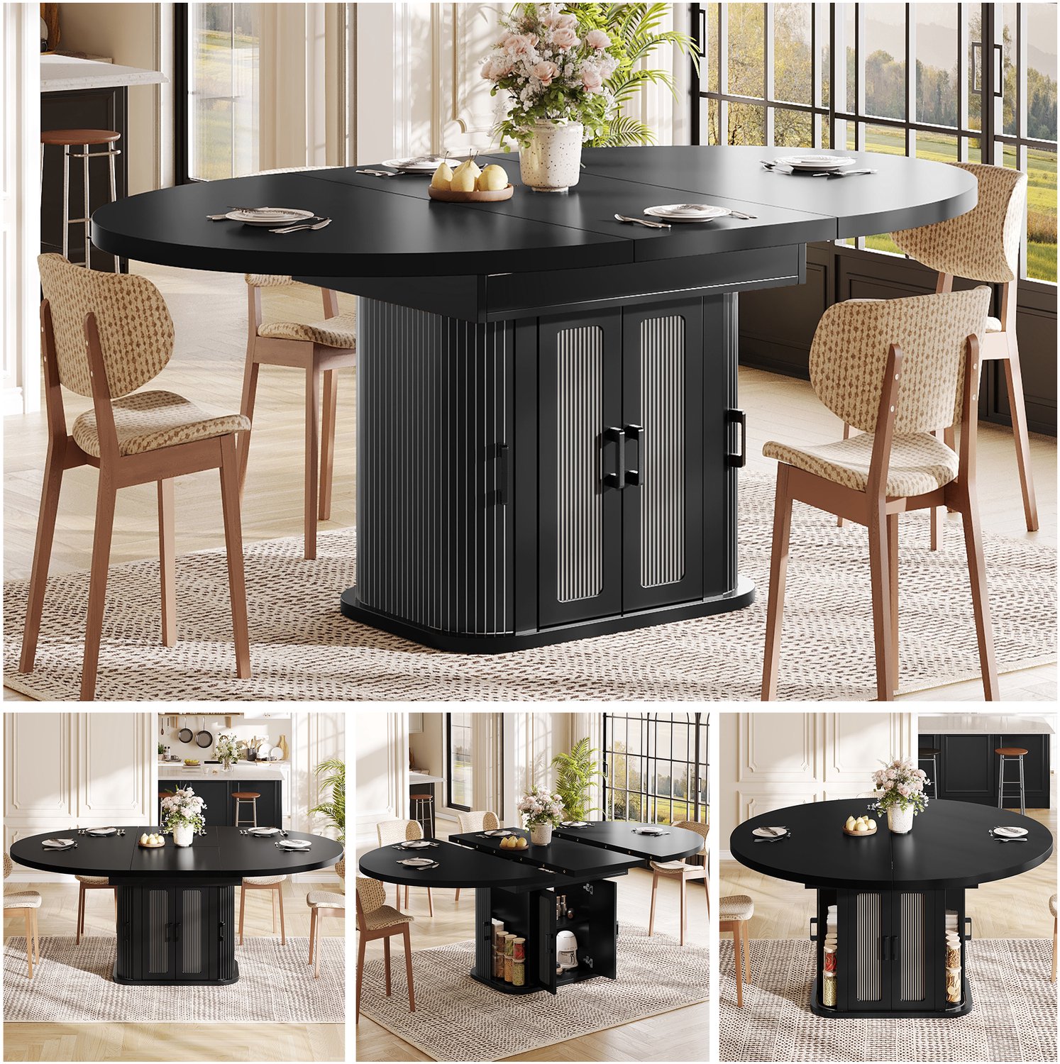 Merax Uitschuifbare eettafel 118-158x118x76 cm - met verborgen opbergruimte - voor 2-6 personen - zwart