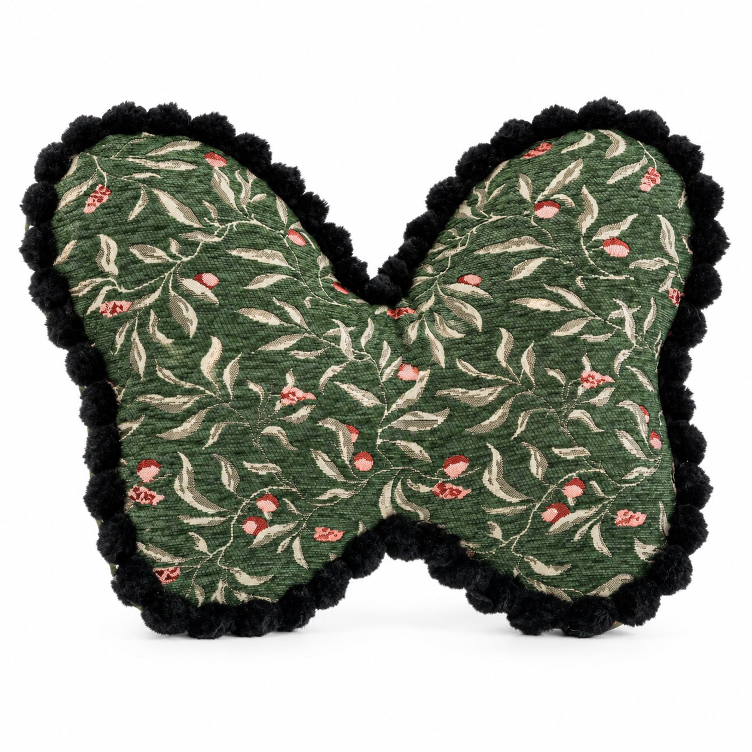SWGOTA Groen vlindervormig sierkussen 40 x 60 cm met bloemenpatroon en zwarte pomponrand - polyester buitenkant - voor bank en stoel