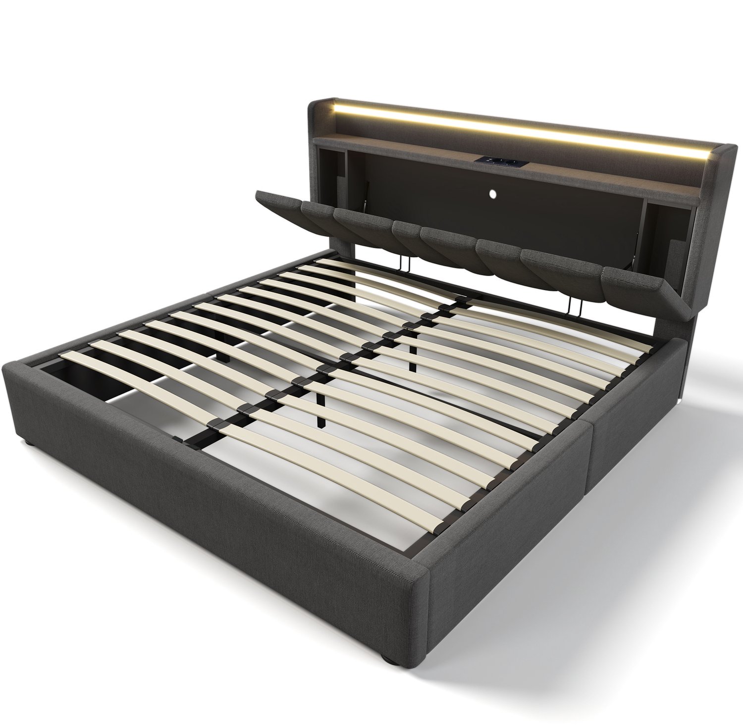 MUVANO Gestoffeerd opbergbed 140x200 - Tweepersoonsbed met USB-C en ledverlichting - Linnen en houten lattenbodem - Opberghoofdbord - Slaapkamer grijs
