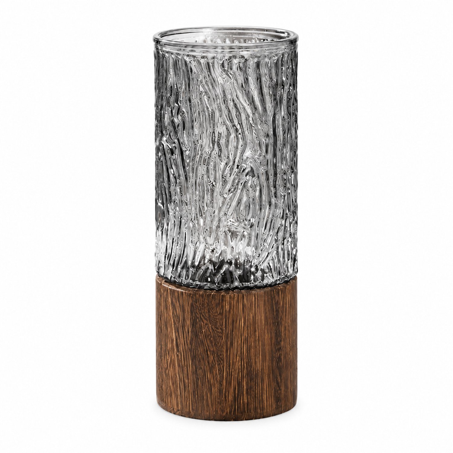 Rookgrijze glazen vaas met ijsstructuur en houten voet - 10 x 25 cm - Ronde opening voor bloemen
