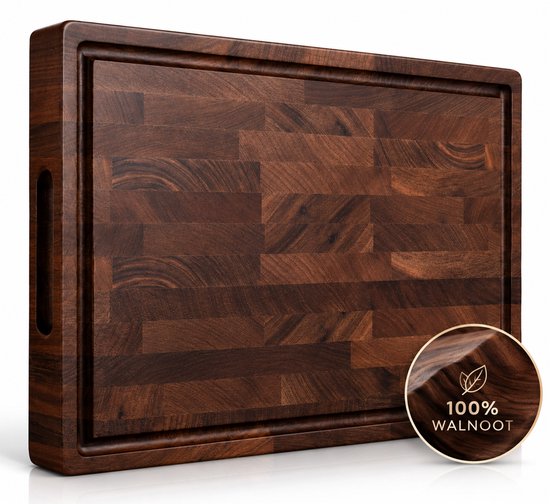 Donkerbruine massieve houten snijplank van 100% walnoothout met ingebouwde handgrepen.