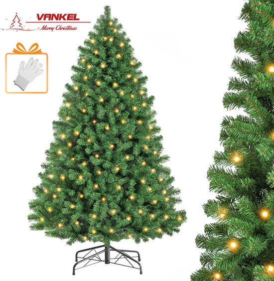 Vankel kunstkerstboom met warme LED-verlichting, 235 cm hoog, groene PVC-takken en stevige metalen standaard.