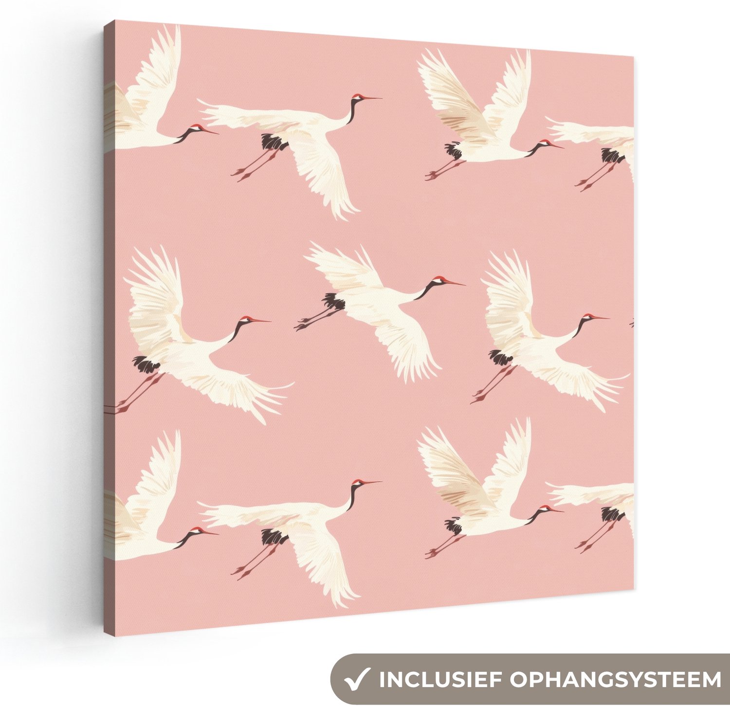 Canvas schilderij 50x50 cm - Exclusieve wanddecoratie Modern - Kraanvogels - Roze - Muurdecoratie woonkamer - Slaapkamer decoratie - Kamer accessoires - Schilderijen op canvas
