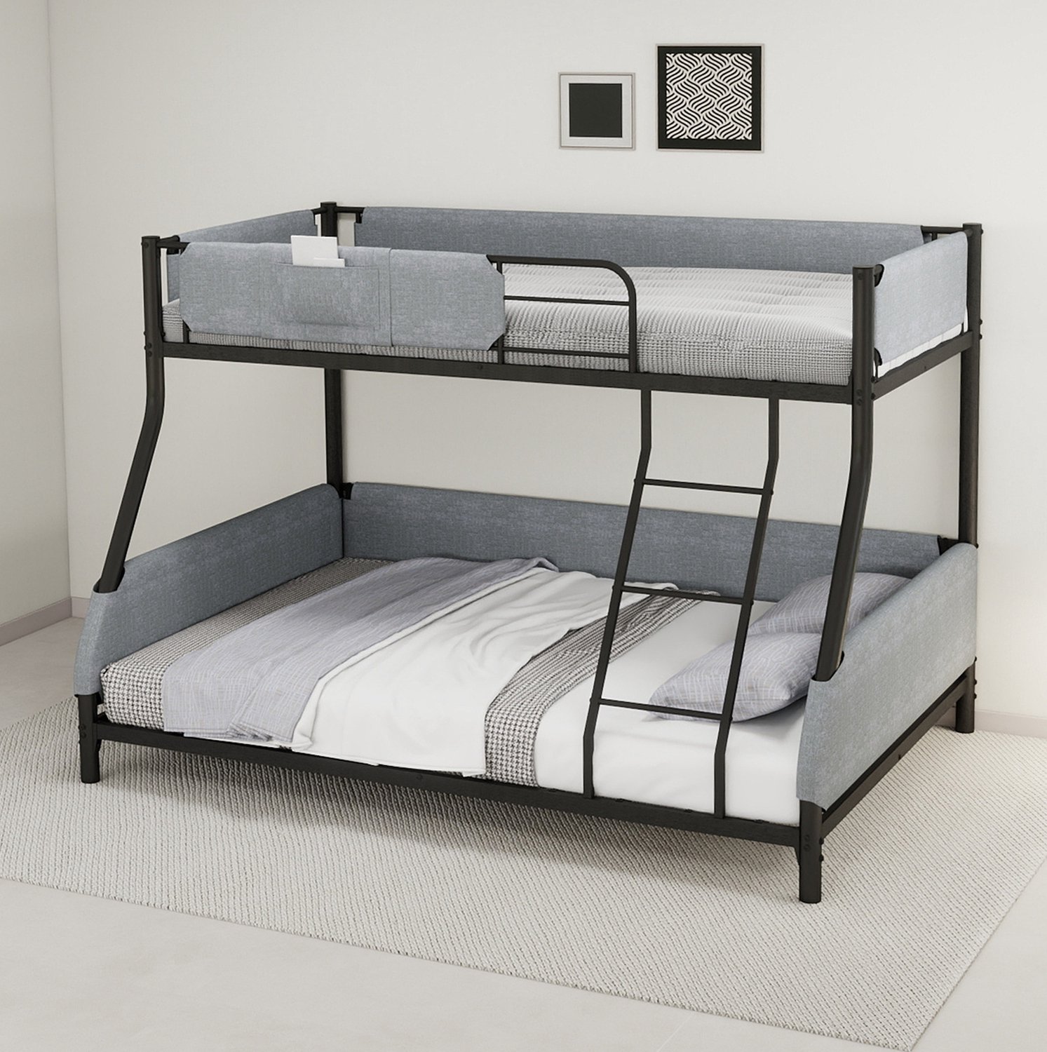 MODFU Metalen Stapelbed - Met Ladder En Afneembaar Opbergzakje - Zwart En Grijs - 197 X 147,2 X 139 Cm