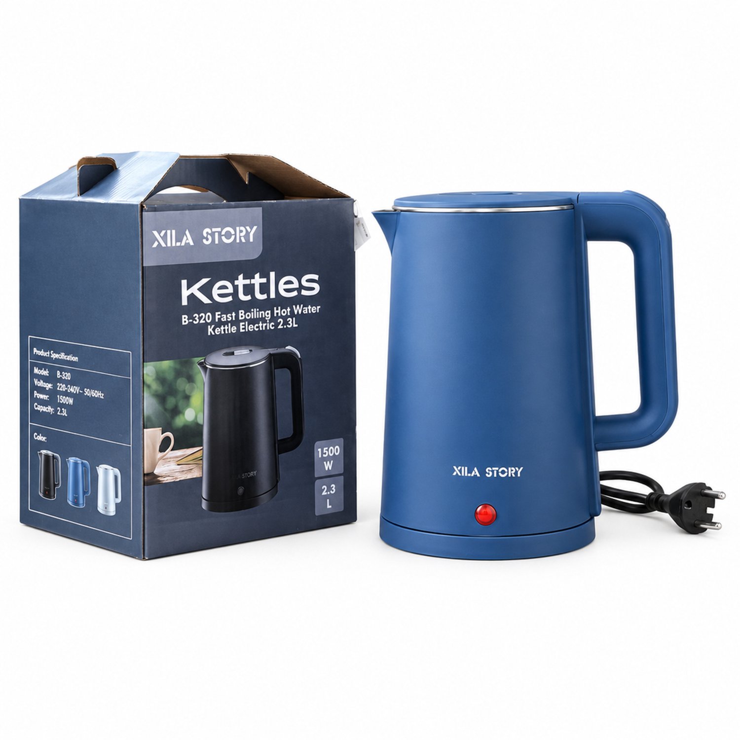 Blauwe elektrische waterkoker 2,3 L, 1500 W, dubbelwandige behuizing en 360°-voet, 16 stuks per doos