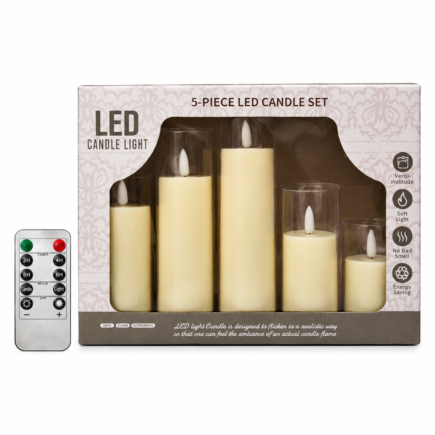 SWGOTA led kaarsen set van 5 met afstandsbediening, transparante acryl behuizing, verschillende hoogtes en vlamvorm, in vensterdoos voor tafeldecoratie Crème