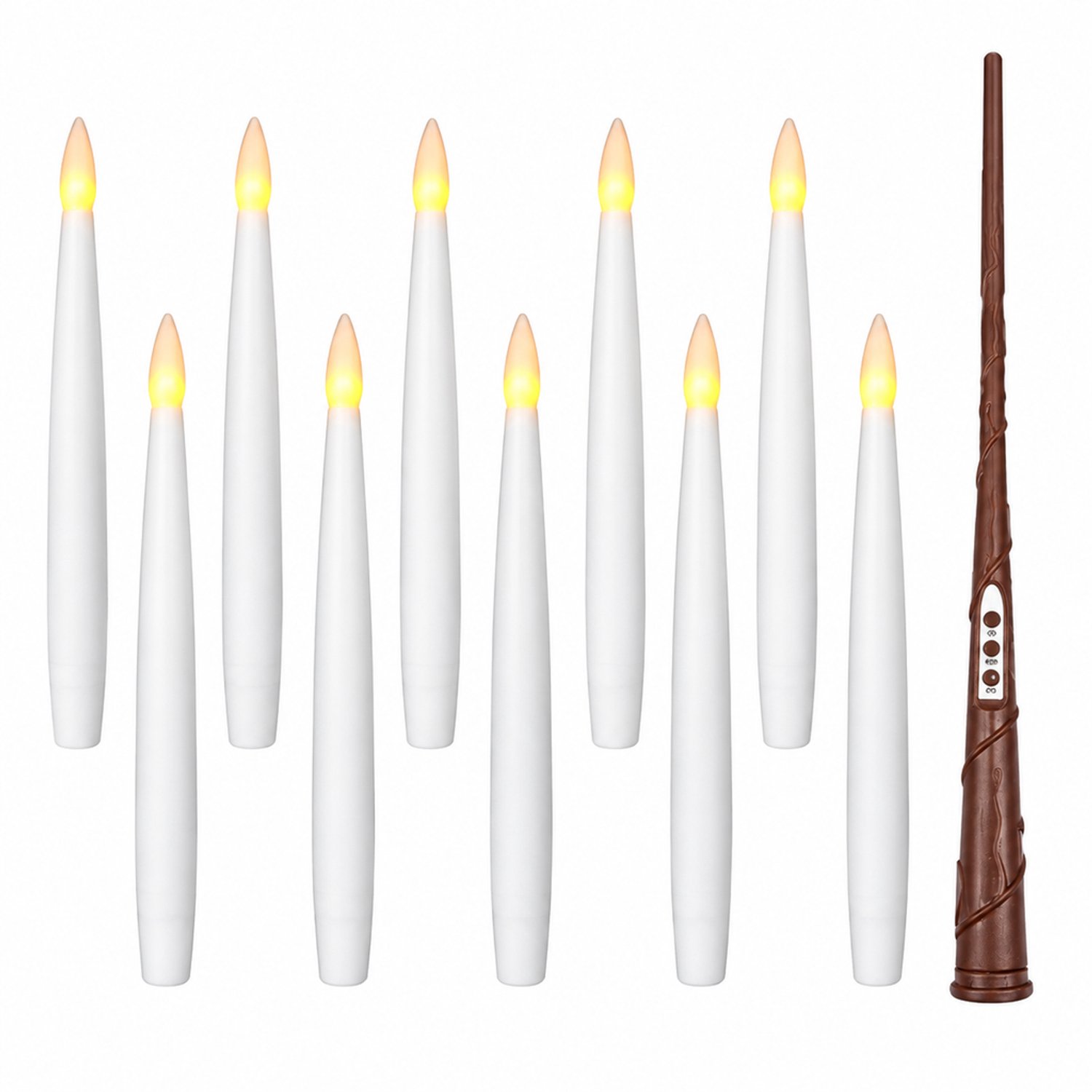 SWGOTA led kaarsen, set van 10 met toverstafvormige afstandsbediening, witte slanke kaarsen met warmgele vlamvormige lichtpunten