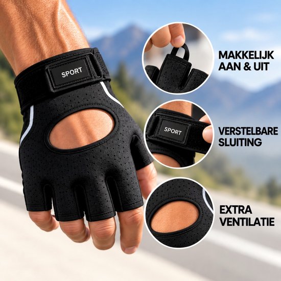 Zwarte vingerloze handschoen met 'SPORT' sluiting, verstelbare band en ventilatieopening op de handrug.