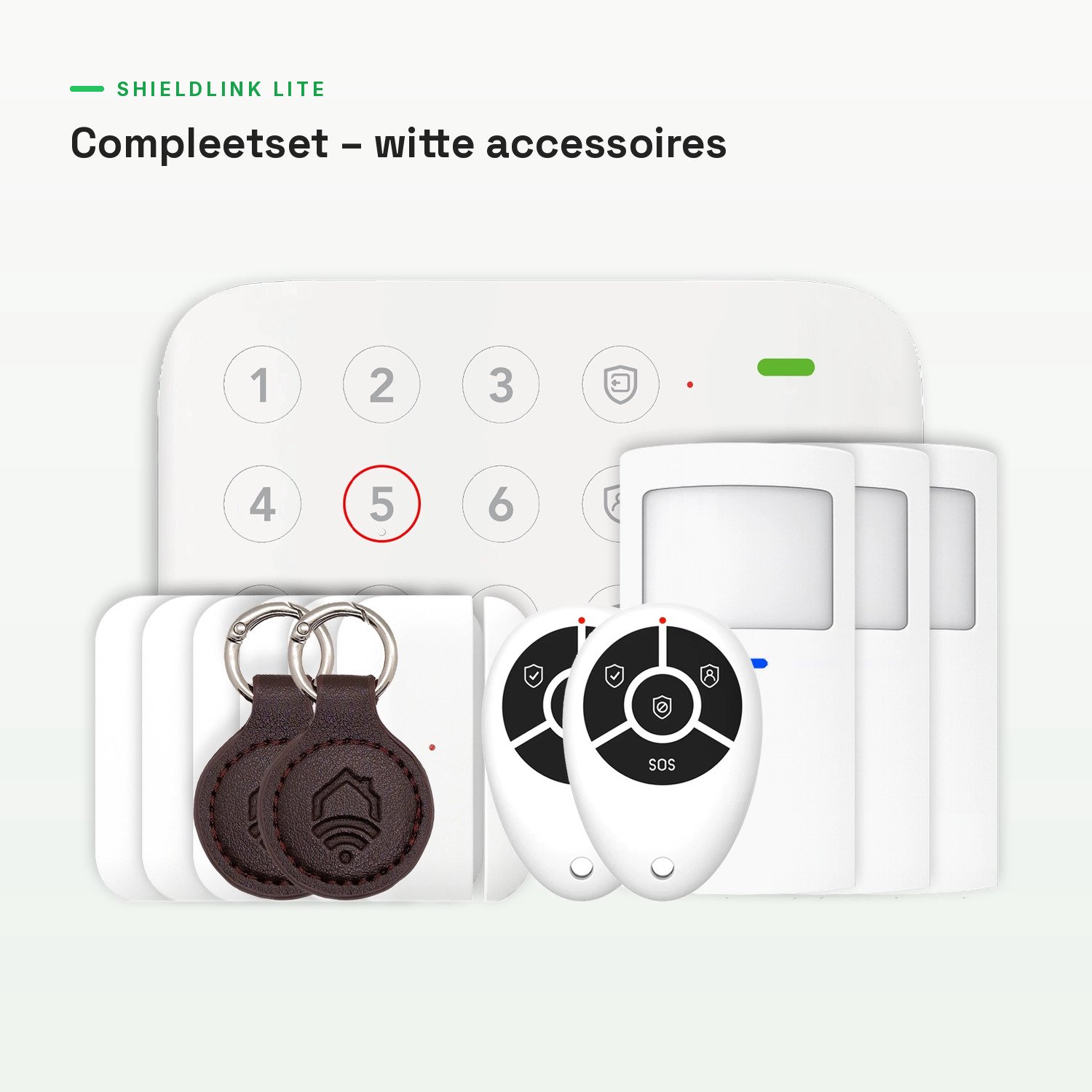 ShieldLink® Lite Alarmsysteem – Compleetset – Draadloos & Uitbreidbaar – Met App – Zonder Abonnement – Witte Accessoires