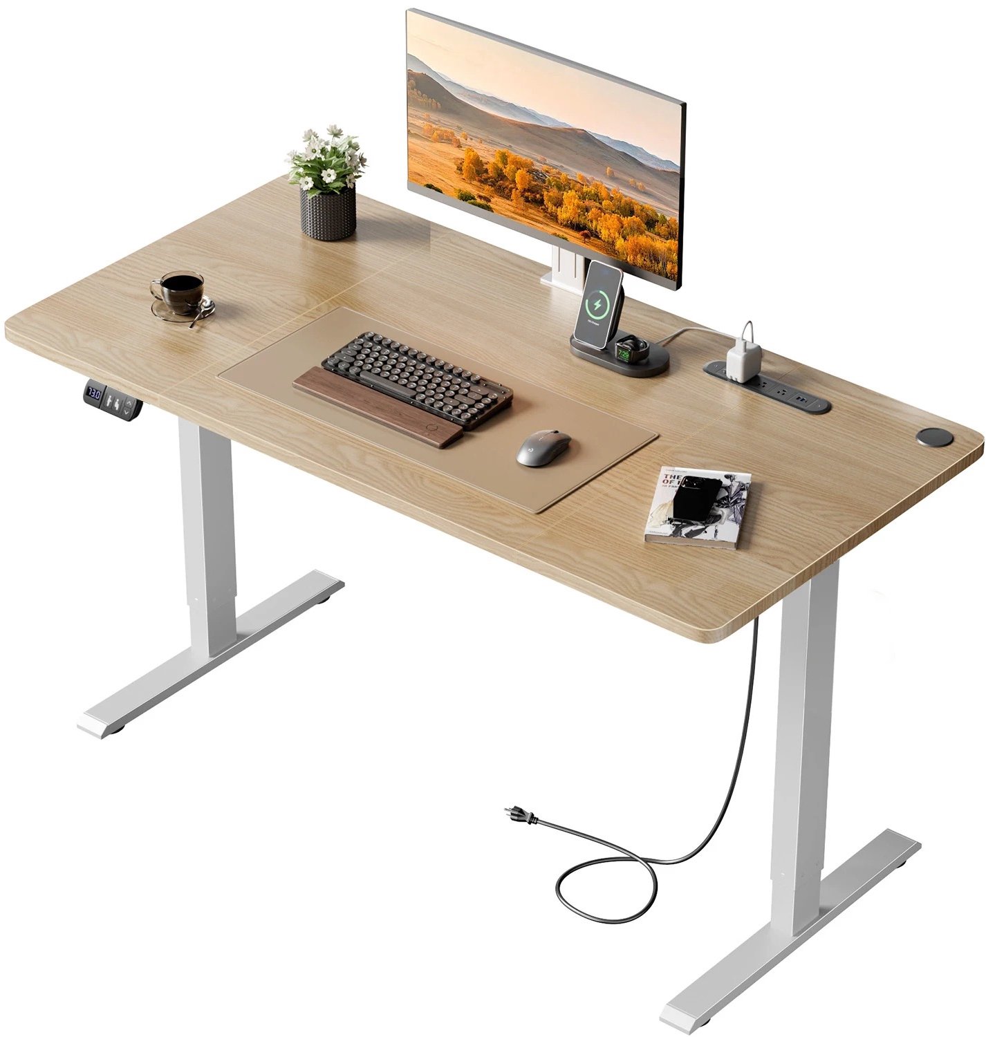 MS Retail Studio Zit sta bureau - Elektrisch - 120cm - 3 Stopcontacten & USB - Kaki/Wit