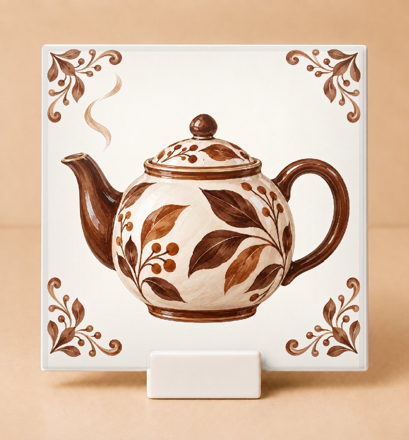 Bedruk King Sfeervolle Theepot Tegel – Klassieke Keramische Delfts Stijl Tegeltje voor Theeliefhebbers en Landelijke Interieurs - 15 x 15 cm met houder Wit