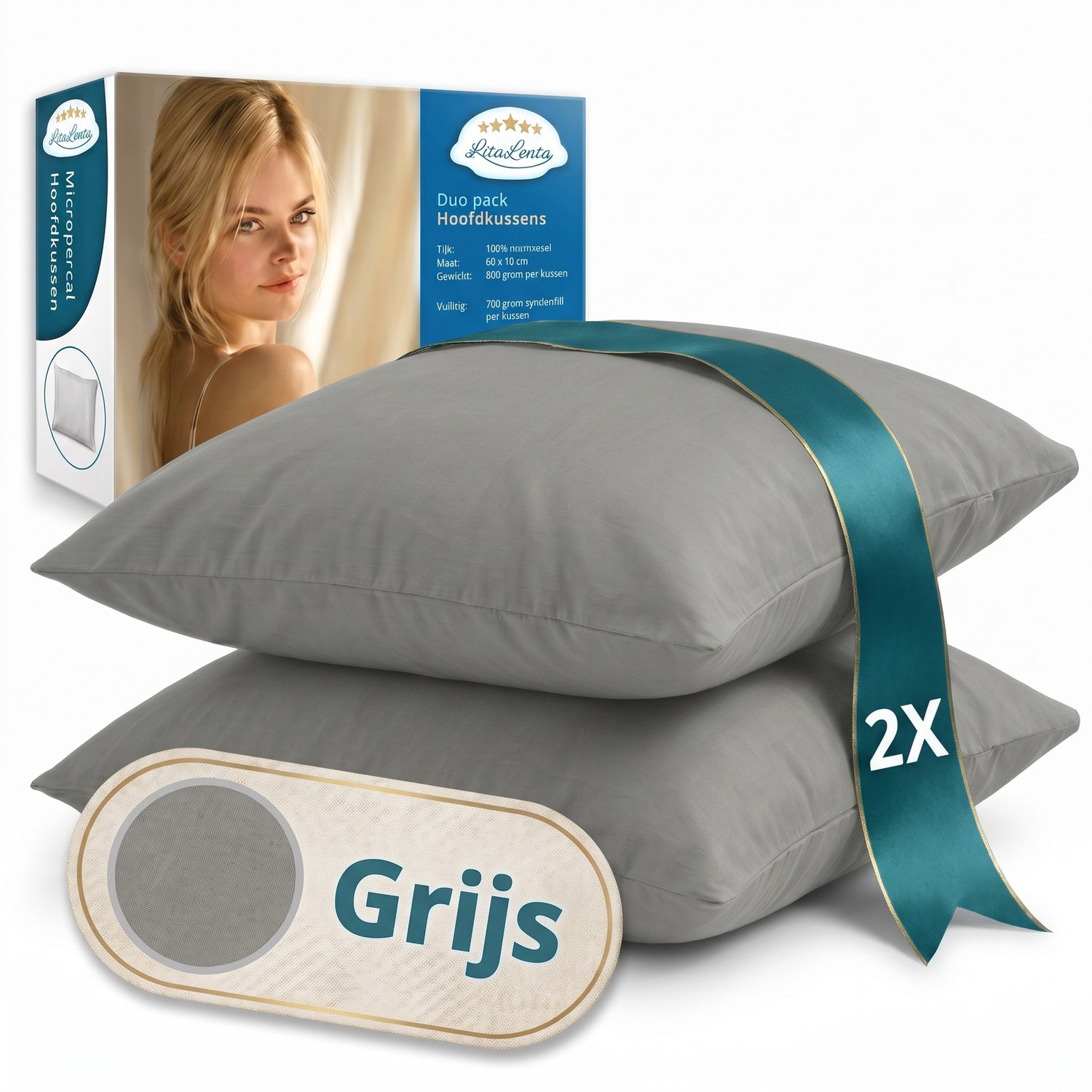 Litalente Hoofdkussen Set van 2 – 60x70 cm – Katoenen Tijk – Afneembare Hoes – Grijs